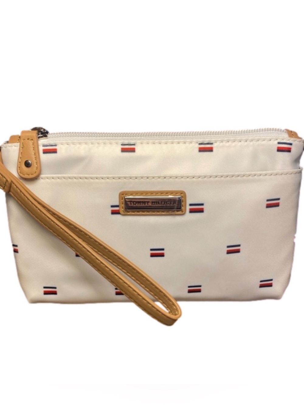 Tommy Hilfiger White Logo Print Wristlet Clutch Zip Pouch NWT Travel Bag